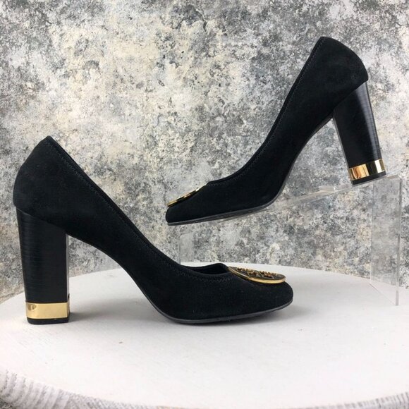 Tory Burch Women's Size 11M Maddie Black Suede Gold Tone Logo High Heel Pumps - Picture 10 of 16